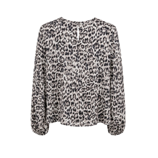 A long-sleeve blouse with an all-over black and gray leopard print on a light beige background, shown against a plain white background.