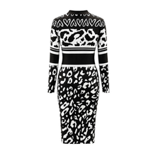 Load image into Gallery viewer, A long-sleeve bodycon dress with a black and white patterned design, featuring a leopard print on the lower half, a geometric pattern across the upper back, and horizontal black and white stripes on the sleeves.
