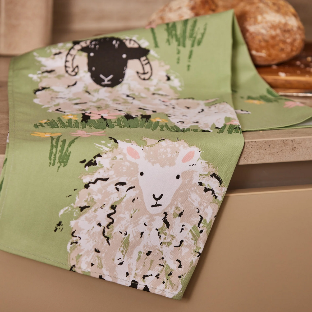 Woolly Sheep Green Cotton Tea Towel