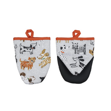 Load image into Gallery viewer, outline of oven mitts front and back, dog motif and orange trim
