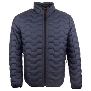 Navy blue quilted jacket on a white background