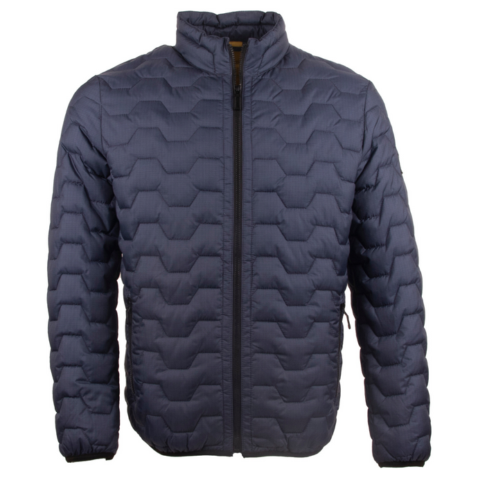 Navy blue quilted jacket on a white background