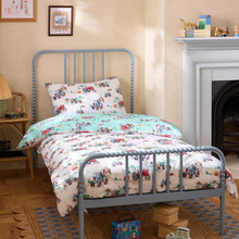 Load image into Gallery viewer, A single bed in a child's bedroom styled with a light blue metal frame, featuring a duvet cover and pillowcase printed with colorful cartoon tractors on a white background.
