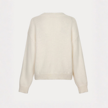 Load image into Gallery viewer, An off-white knit sweater shown from the back, featuring a crew neck, long sleeves, and ribbed cuffs and hem, displayed against a solid off-white background.
