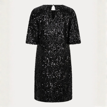 Load image into Gallery viewer, A black sequined dress with elbow-length sleeves and a V-neckline, shown against a plain off-white background.
