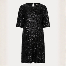 Load image into Gallery viewer, A black sequined midi dress with elbow-length sleeves and a round neckline, shown against a plain off-white background.
