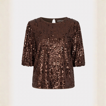 Load image into Gallery viewer, A brown sequined top with elbow-length sleeves and a crew neckline, displayed against a light beige background.
