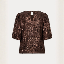Load image into Gallery viewer, A dark brown sequined top with three-quarter puffed sleeves and a keyhole back cutout, shown against a plain light background.
