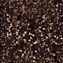 Load image into Gallery viewer, A close-up of a sequined fabric featuring dark brown sequins and rose gold sequins on a sheer mesh backing.
