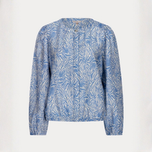 Load image into Gallery viewer, A blue and white patterned long-sleeve blouse with a round neckline and button front, displayed against a plain off-white background.
