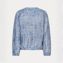 Load image into Gallery viewer, A light blue and white tropical leaf patterned jacket shown from the back, displayed on a clean white background.
