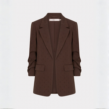 Load image into Gallery viewer, A dark brown textured blazer with notched lapels, front flap pockets, and long sleeves, displayed on a clean white background.

