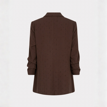 Load image into Gallery viewer, A dark brown long-sleeve blazer with a subtle vertical textured pattern, shown from the back against a plain white background.
