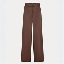 Load image into Gallery viewer, Long, wide-leg trousers in a rich coffee colour, featuring a clean and polished design with a stylish shiny finish. Their flattering silhouette creates an elegant, sophisticated look.
