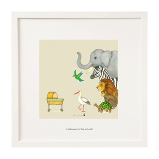 Framed artwork with illustrations of animals and a baby crib on a beige background.