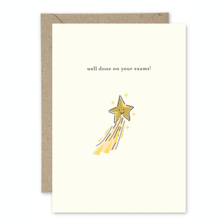 Greeting card with a star illustration and 'well done on your exams!' text on a white background.