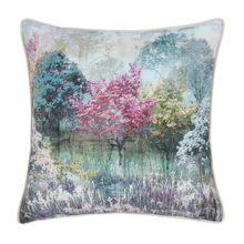 Load image into Gallery viewer, Decorative pillow with a nature-themed design featuring trees and flowers.
