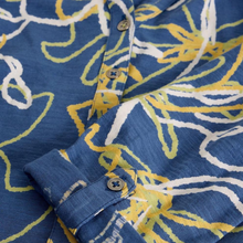 Load image into Gallery viewer, Close-up of a blue fabric with yellow and white abstract patterns
