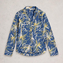 Load image into Gallery viewer, Blue floral patterned shirt on a light gray background

