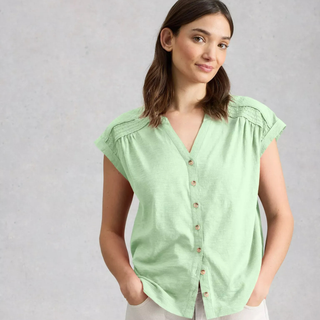 Mint short sleeve shirt on model with grey background 