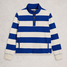 Load image into Gallery viewer, Blue and white striped long-sleeve shirt on a light gray background
