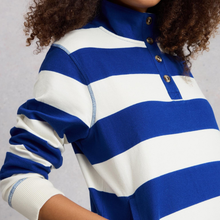 Load image into Gallery viewer, Close-up of a person wearing a blue and white striped shirt with a plain background
