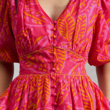 Load image into Gallery viewer, Close-up of a pink and orange patterned dress with a plain background
