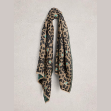 Load image into Gallery viewer, Leopard print scarf with turquoise accents on a light gray background
