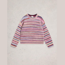 Load image into Gallery viewer, Multicolored striped sweater on a light gray background
