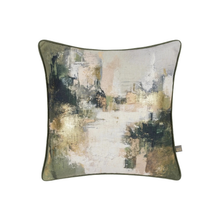 Load image into Gallery viewer, A square decorative throw pillow with a dark olive green piped edge and an abstract painterly print in shades of beige, gray, green, and brown, shown on a plain white background.
