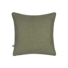 Load image into Gallery viewer, An olive green square throw pillow with a textured linen-like fabric, shown against a plain white background.
