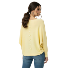 Load image into Gallery viewer, Model wearing Kate &amp; Pippa Yellow Jumper With Bows on Back, from the Back.
