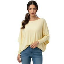 Load image into Gallery viewer, Model wearing Kate &amp; Pippa Yellow Jumper With Bows on Back, from the front
