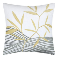 Load image into Gallery viewer, A square decorative throw pillow featuring a white background with a gold bamboo leaf design and a gray and white striped pattern along the bottom.

