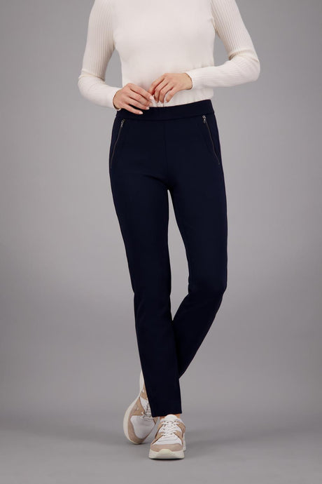 Front image of navy gardeur trousers style zene28 on a model, showing two slant side zip pockets. Slight tapered leg and slim fit. 