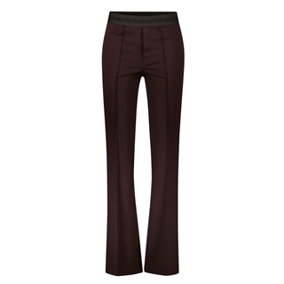 Dark brown wide-leg trousers with a contrasting dark gray elastic waistband, shown on a plain white background.