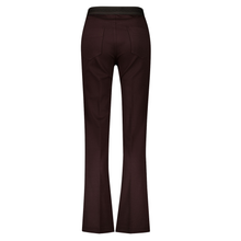 Load image into Gallery viewer, A pair of dark brown flared trousers shown from the back, featuring a high waistband and back pocket details, set against a plain white background.
