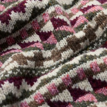 Load image into Gallery viewer, A close-up of a textured knit blanket with a geometric Fair Isle pattern in cream, pink, brown, and olive green.
