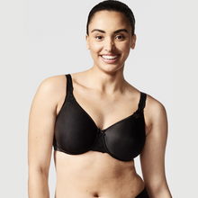 Load image into Gallery viewer, A close up shot of a model wearing the Chantelle Hedona Minimiser Bra in Black. 
