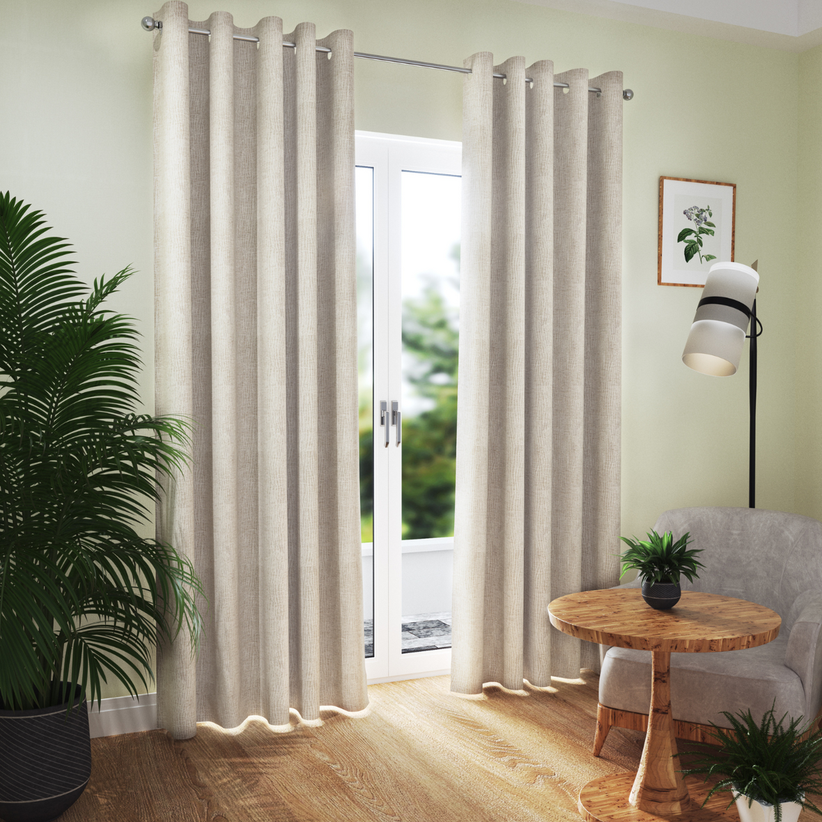 Ring top curtains on a glass door with Silver pole 