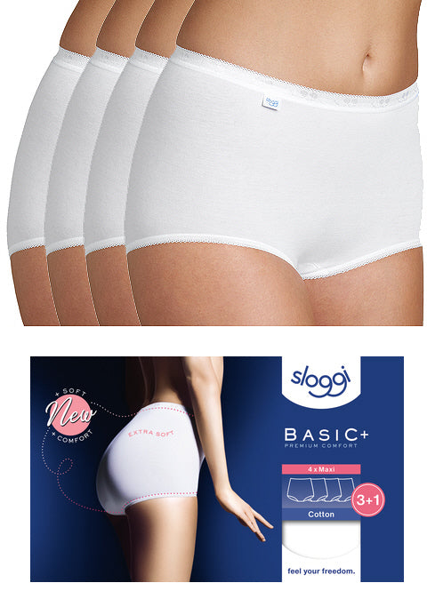 A model wearing the Sloggi Maxi Brief in White. A product picture displaying the 4 pack maxi brief box.